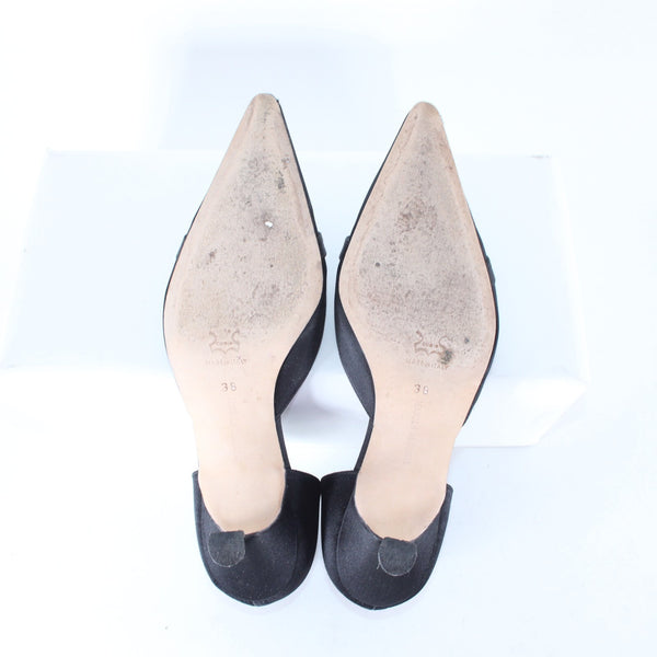 Manolo Blahnik Heels Floran Sz 38 Black Rhinestones Satin Leather Kitten 1.5"