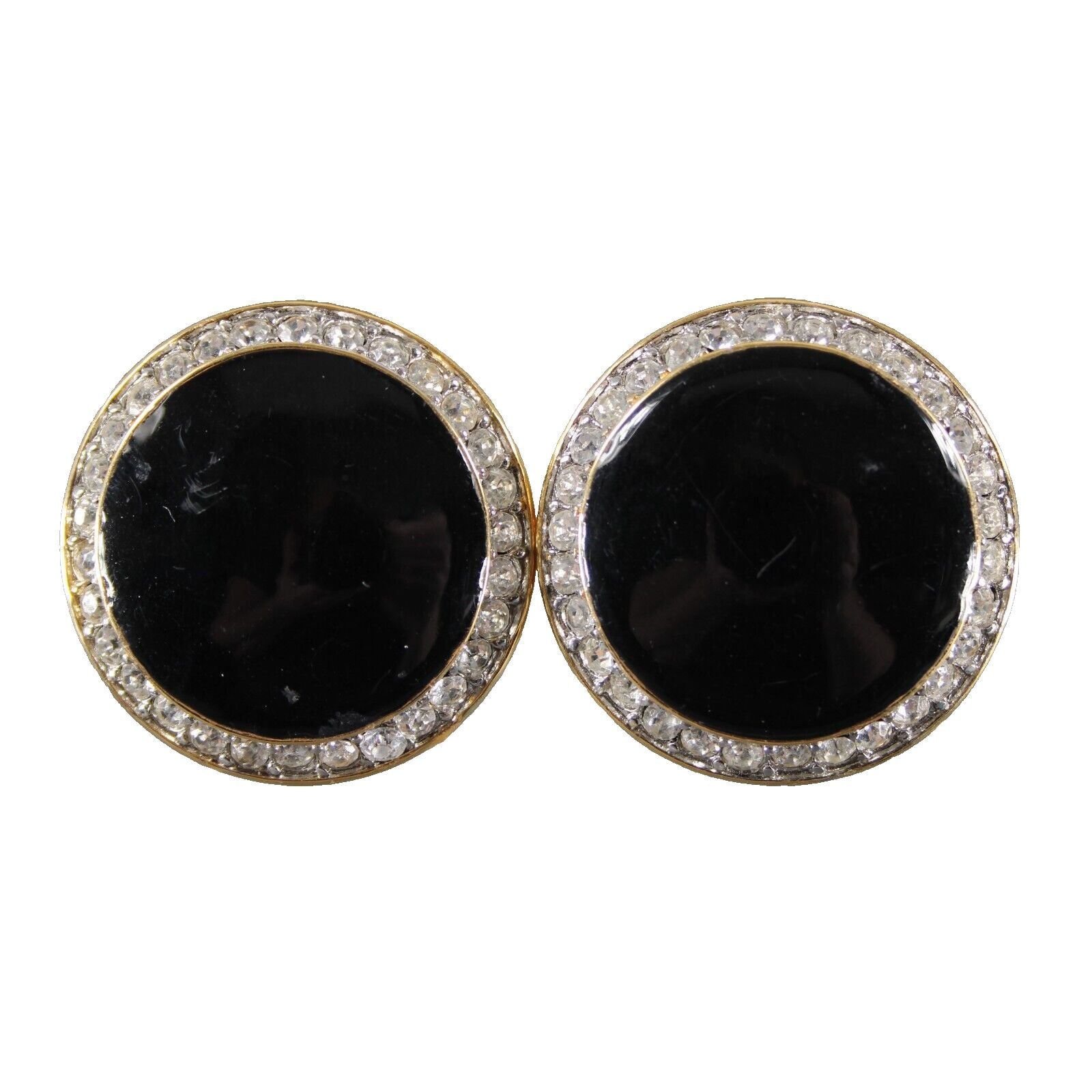 St John Goldtone Black Enamel Rhinestones Round 1.25" Huggie Clip On Earrings