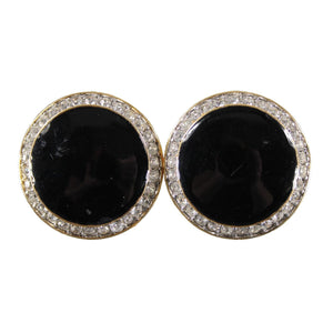 St John Goldtone Black Enamel Rhinestones Round 1.25" Huggie Clip On Earrings