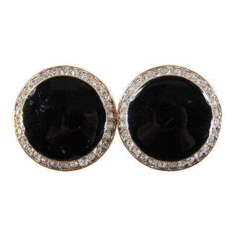 St John Goldtone Black Enamel Rhinestones Round 1.25" Huggie Clip On Earrings