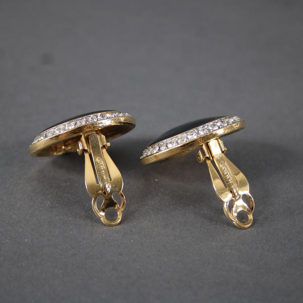 St John Goldtone Black Enamel Rhinestones Round 1.25" Huggie Clip On Earrings