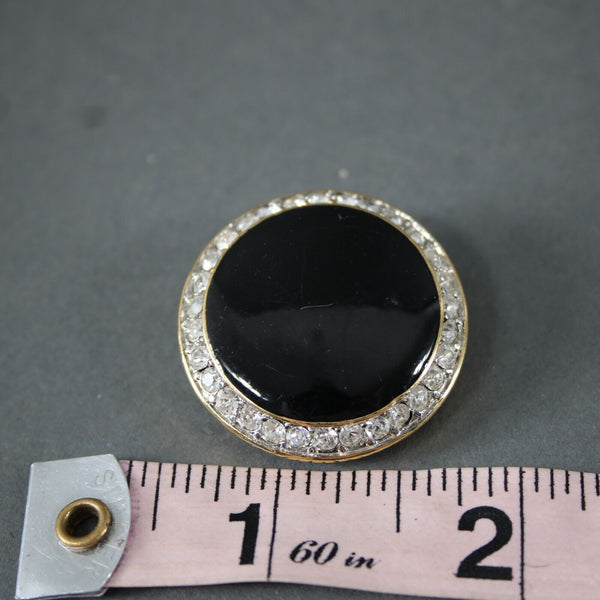St John Goldtone Black Enamel Rhinestones Round 1.25" Huggie Clip On Earrings