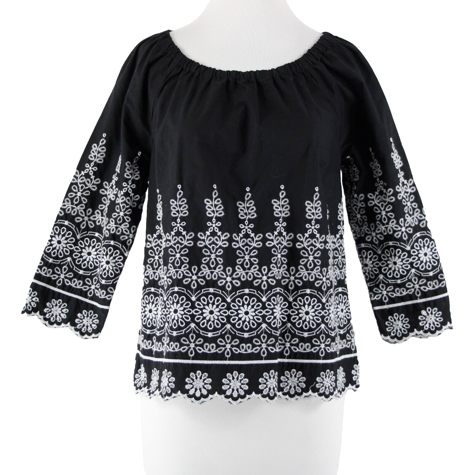 Talbots Sz XS Black White Embroidered Elastic Shoulders  Cotton Polyester Top