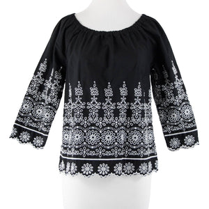 Talbots Sz XS Black White Embroidered Elastic Shoulders  Cotton Polyester Top