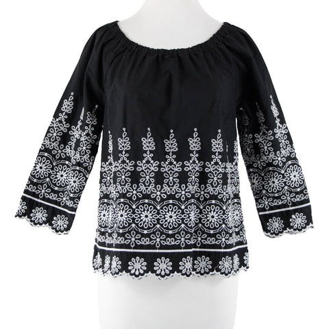 Talbots Sz XS Black White Embroidered Elastic Shoulders  Cotton Polyester Top