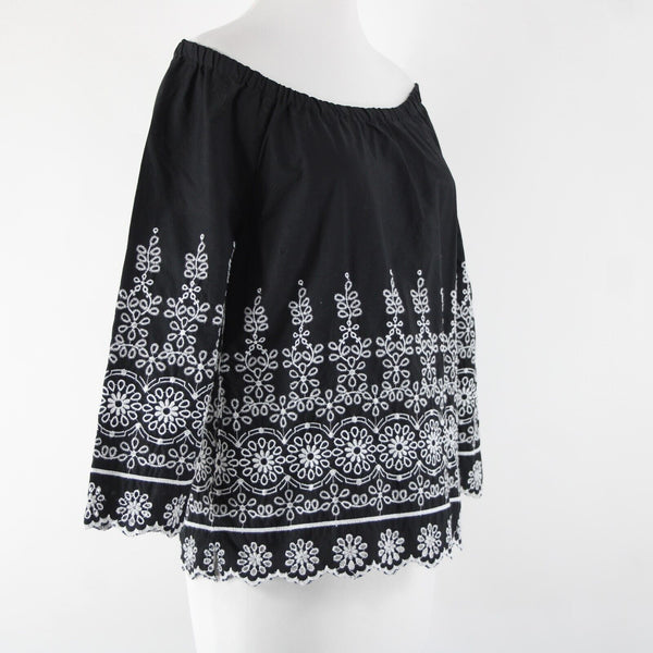 Talbots Sz XS Black White Embroidered Elastic Shoulders  Cotton Polyester Top