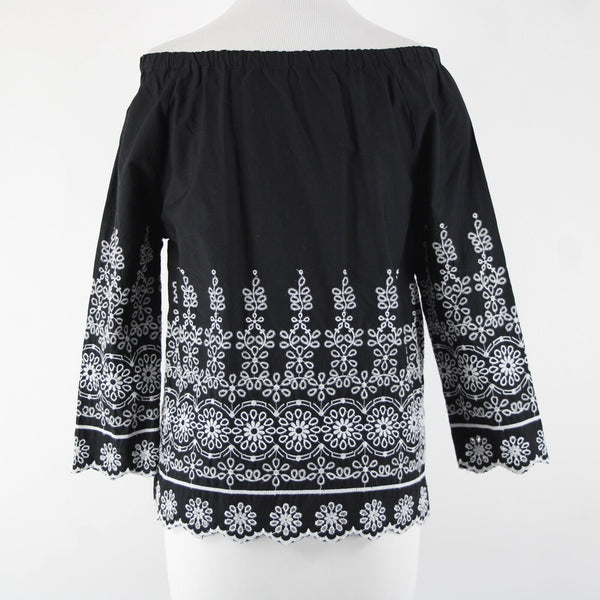 Talbots Sz XS Black White Embroidered Elastic Shoulders  Cotton Polyester Top