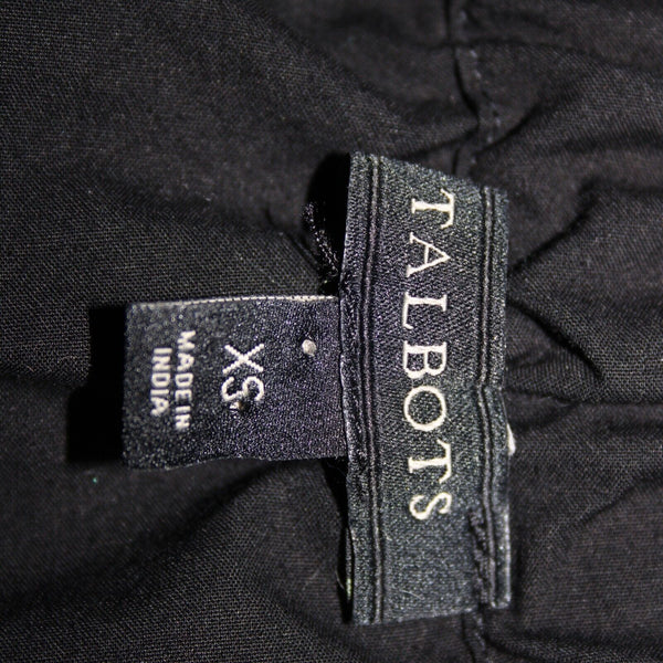Talbots Sz XS Black White Embroidered Elastic Shoulders  Cotton Polyester Top