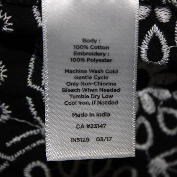 Talbots Sz XS Black White Embroidered Elastic Shoulders  Cotton Polyester Top