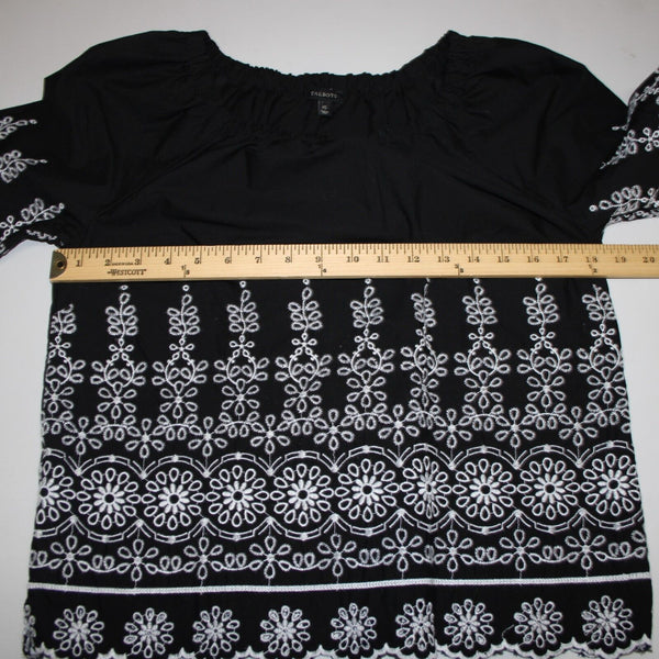 Talbots Sz XS Black White Embroidered Elastic Shoulders  Cotton Polyester Top