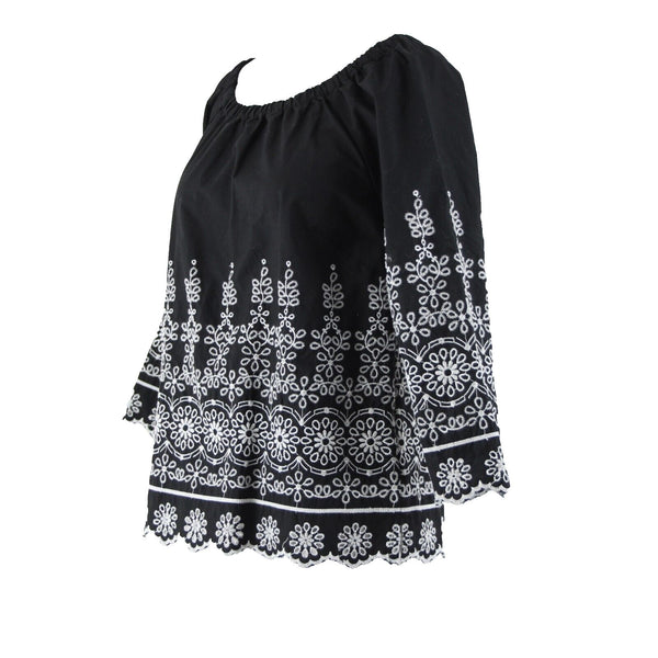 Talbots Sz XS Black White Embroidered Elastic Shoulders  Cotton Polyester Top