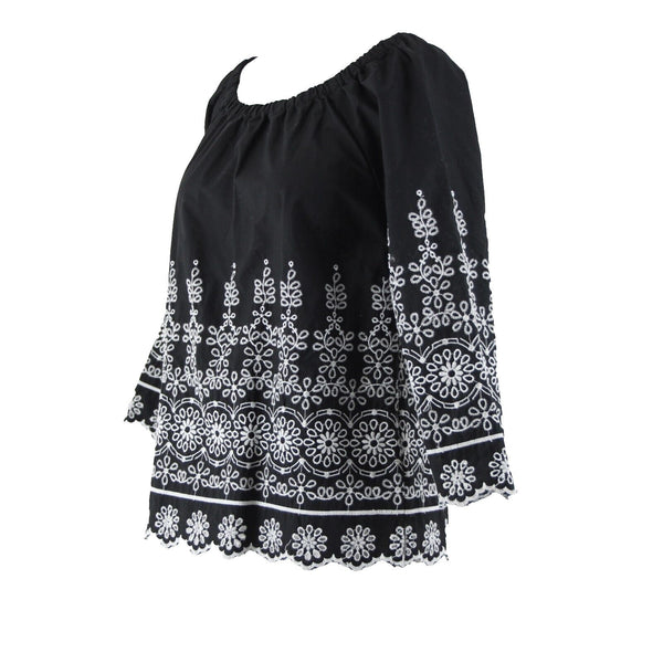 Talbots Sz XS Black White Embroidered Elastic Shoulders  Cotton Polyester Top