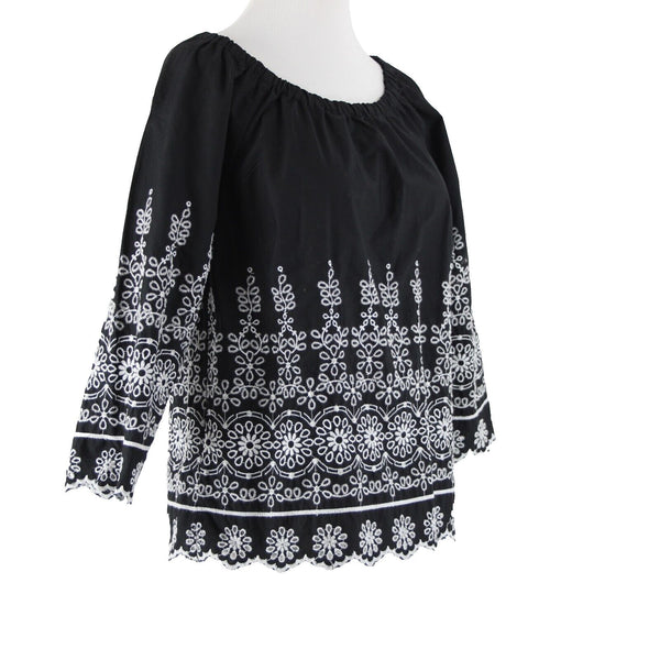 Talbots Sz XS Black White Embroidered Elastic Shoulders  Cotton Polyester Top