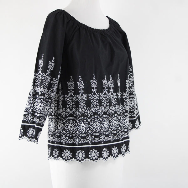 Talbots Sz XS Black White Embroidered Elastic Shoulders  Cotton Polyester Top