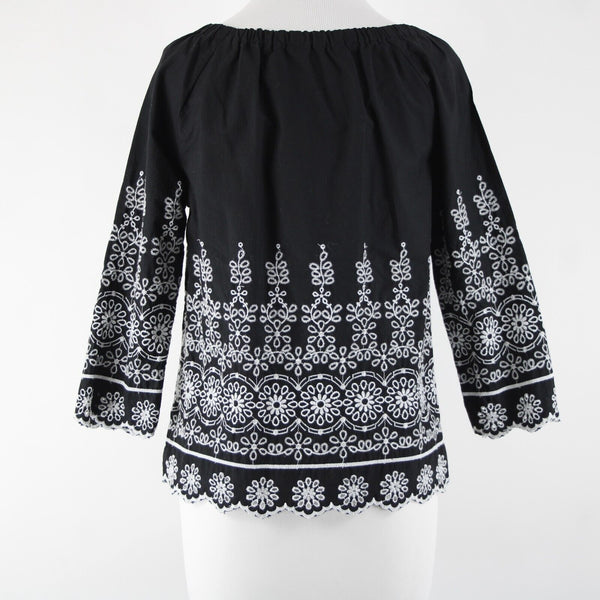 Talbots Sz XS Black White Embroidered Elastic Shoulders  Cotton Polyester Top