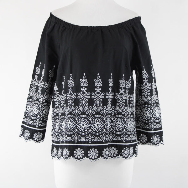 Talbots Sz XS Black White Embroidered Elastic Shoulders  Cotton Polyester Top