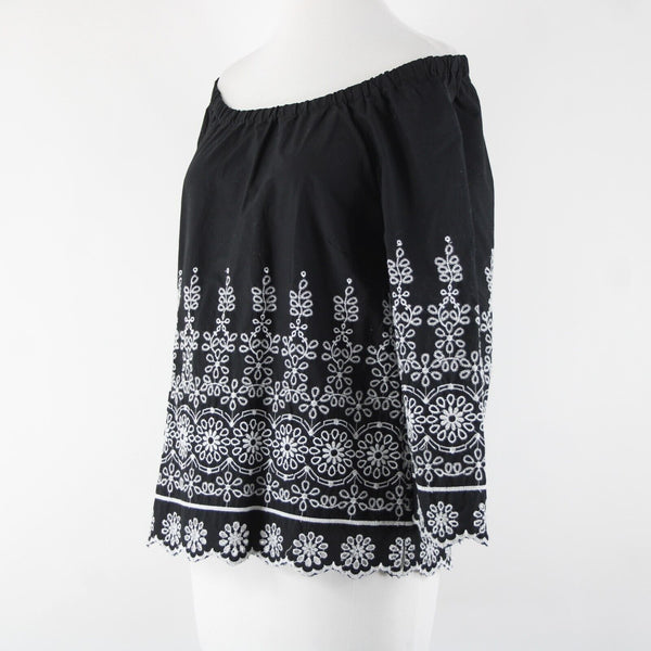 Talbots Sz XS Black White Embroidered Elastic Shoulders  Cotton Polyester Top