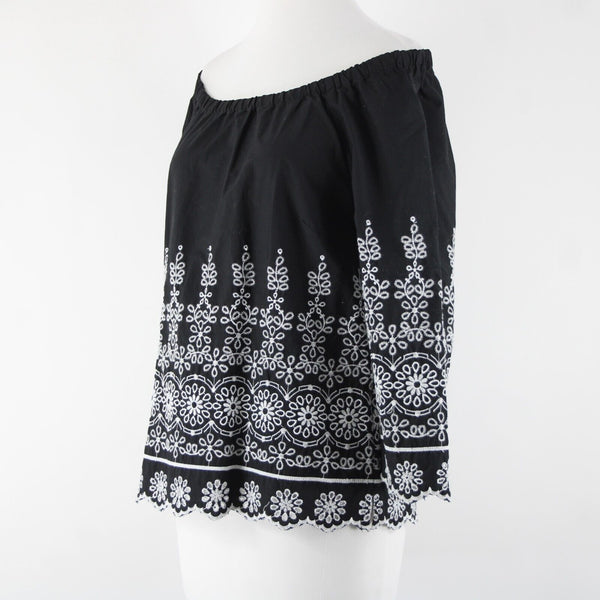 Talbots Sz XS Black White Embroidered Elastic Shoulders  Cotton Polyester Top