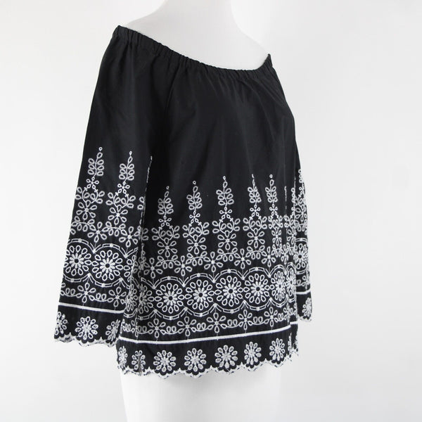 Talbots Sz XS Black White Embroidered Elastic Shoulders  Cotton Polyester Top