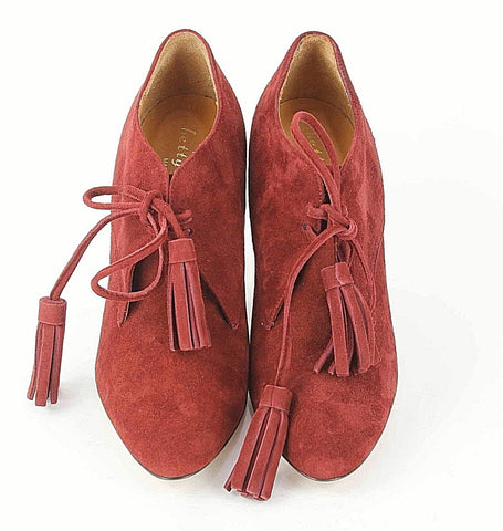 Bettye Mueller Sz 39 Rosewood Dark Rust Suede 4" Heel Lace-Up Tassel Heels