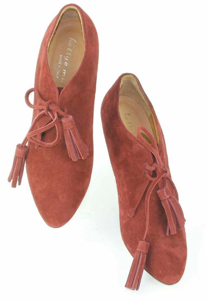 Bettye Mueller Sz 39 Rosewood Dark Rust Suede 4" Heel Lace-Up Tassel Heels