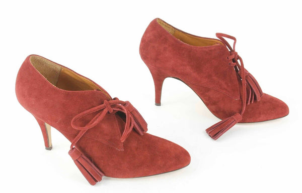 Bettye Mueller Sz 39 Rosewood Dark Rust Suede 4" Heel Lace-Up Tassel Heels