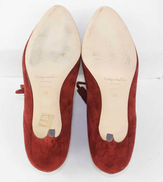 Bettye Mueller Sz 39 Rosewood Dark Rust Suede 4" Heel Lace-Up Tassel Heels