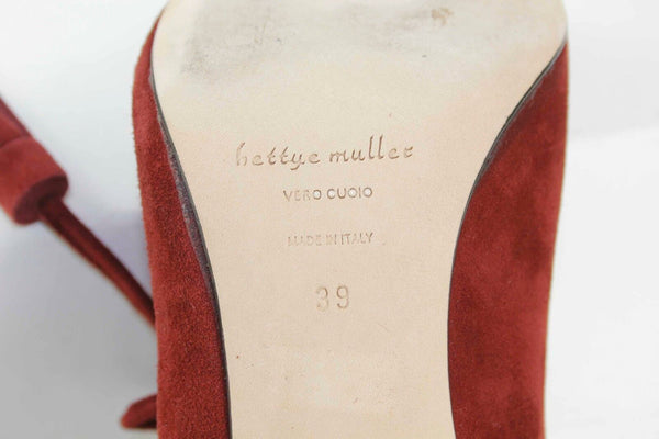 Bettye Mueller Sz 39 Rosewood Dark Rust Suede 4" Heel Lace-Up Tassel Heels