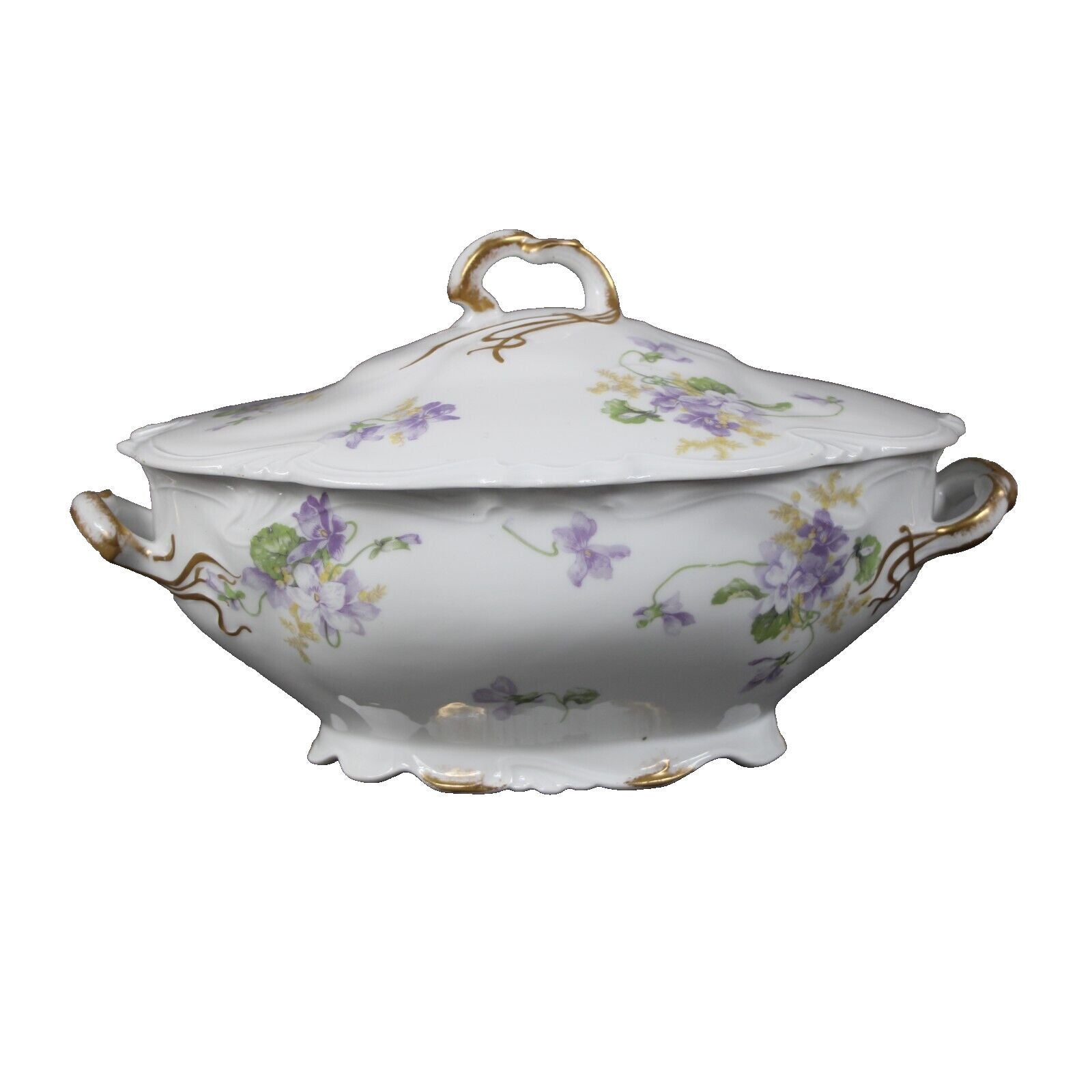 Limoges 12" x 8" White Purple Multicolor Porcelain Floral France Covered Server