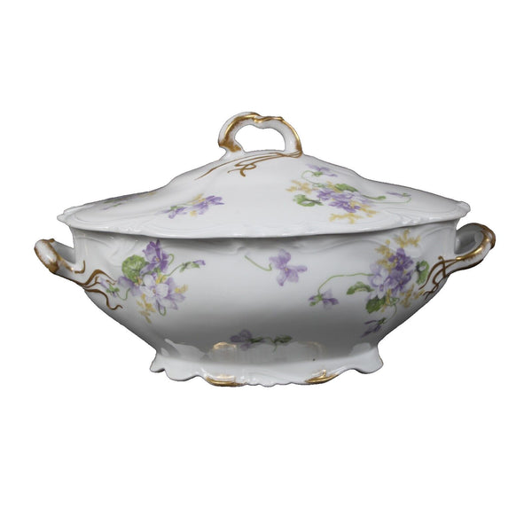 Limoges 12" x 8" White Purple Multicolor Porcelain Floral France Covered Server