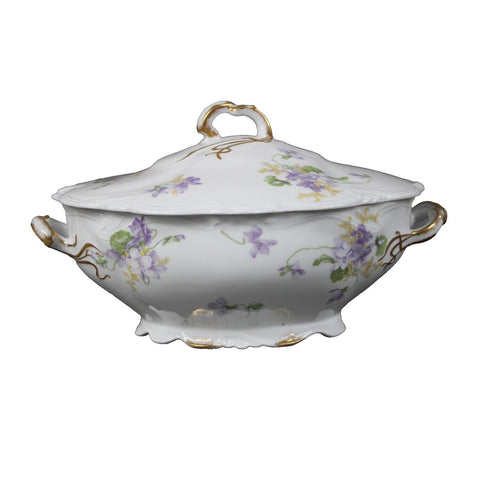 Limoges 12" x 8" White Purple Multicolor Porcelain Floral France Covered Server