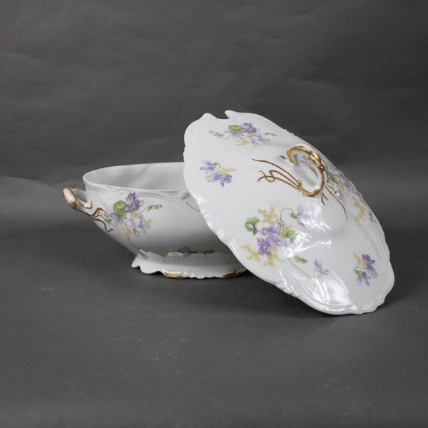 Limoges 12" x 8" White Purple Multicolor Porcelain Floral France Covered Server
