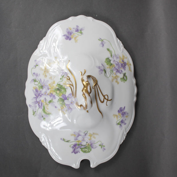 Limoges 12" x 8" White Purple Multicolor Porcelain Floral France Covered Server