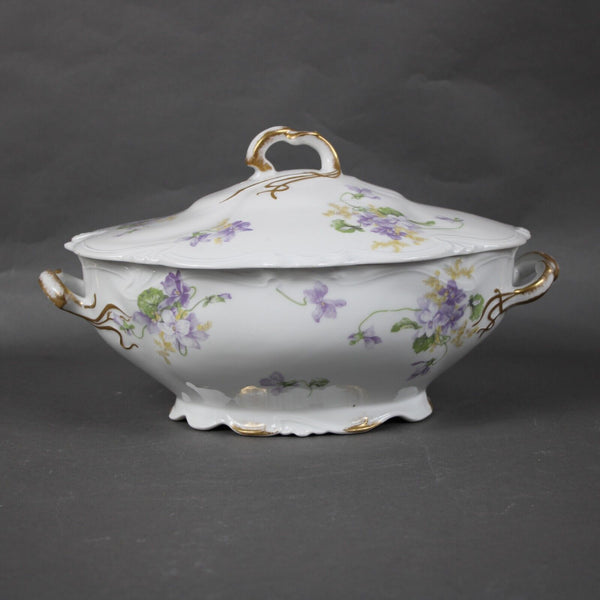 Limoges 12" x 8" White Purple Multicolor Porcelain Floral France Covered Server
