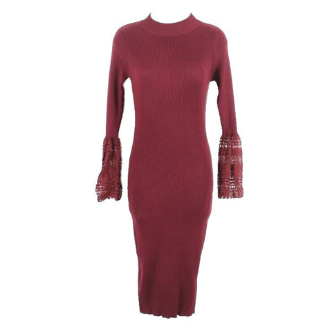 Main Strip NEW $46 Sz L Burgundy Ribbed Lace Bell Sleeve Rayon Poly Dress