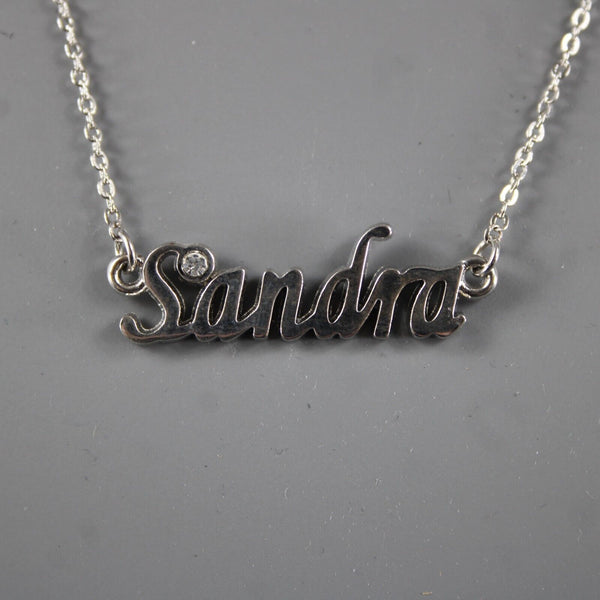SANDRA NEW Name Silvertone Rhinestone 14.5" w 4.5" Multi Ring Ext Necklace
