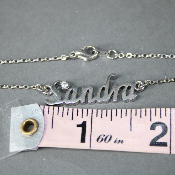 SANDRA NEW Name Silvertone Rhinestone 14.5" w 4.5" Multi Ring Ext Necklace