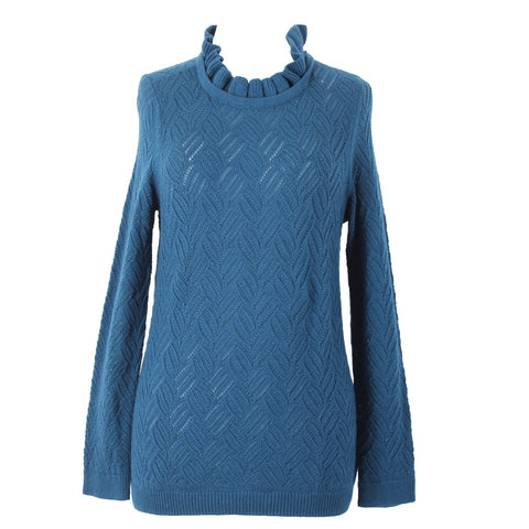Talbots NEW $99 Sz M Petite Teal Blue Open Weave Ruffle Neck Cotton Blnd Sweater