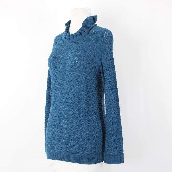 Talbots NEW $99 Sz M Petite Teal Blue Open Weave Ruffle Neck Cotton Blnd Sweater