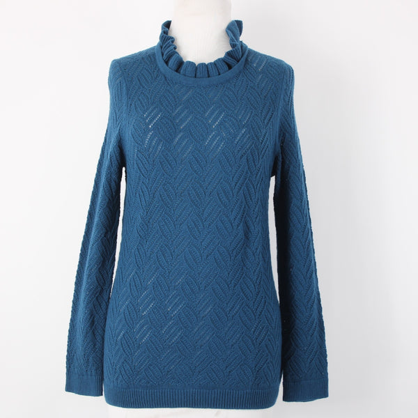 Talbots NEW $99 Sz M Petite Teal Blue Open Weave Ruffle Neck Cotton Blnd Sweater