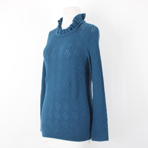 Talbots NEW $99 Sz M Petite Teal Blue Open Weave Ruffle Neck Cotton Blnd Sweater