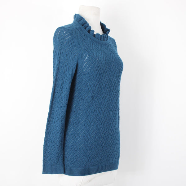 Talbots NEW $99 Sz M Petite Teal Blue Open Weave Ruffle Neck Cotton Blnd Sweater