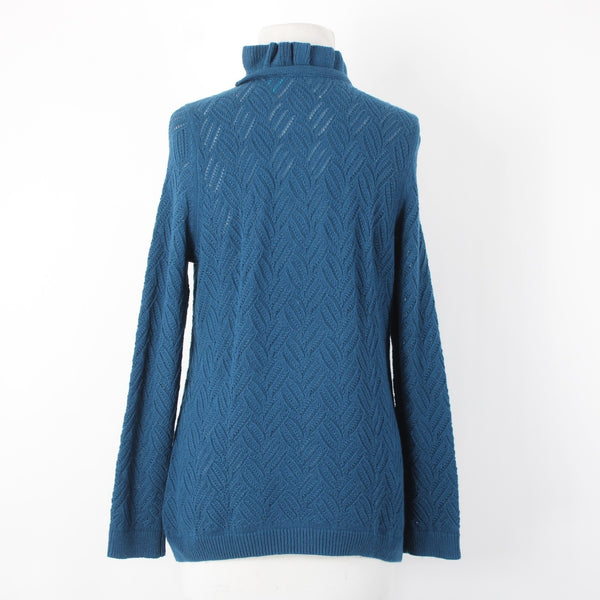 Talbots NEW $99 Sz M Petite Teal Blue Open Weave Ruffle Neck Cotton Blnd Sweater