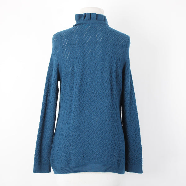 Talbots NEW $99 Sz M Petite Teal Blue Open Weave Ruffle Neck Cotton Blnd Sweater