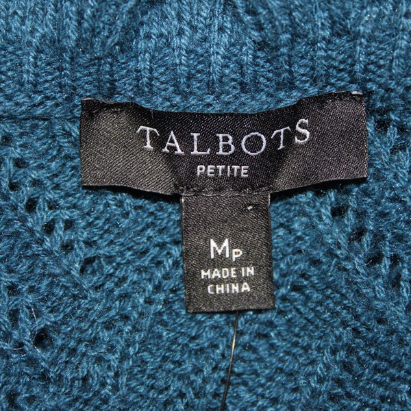 Talbots NEW $99 Sz M Petite Teal Blue Open Weave Ruffle Neck Cotton Blnd Sweater
