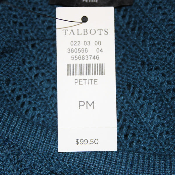 Talbots NEW $99 Sz M Petite Teal Blue Open Weave Ruffle Neck Cotton Blnd Sweater