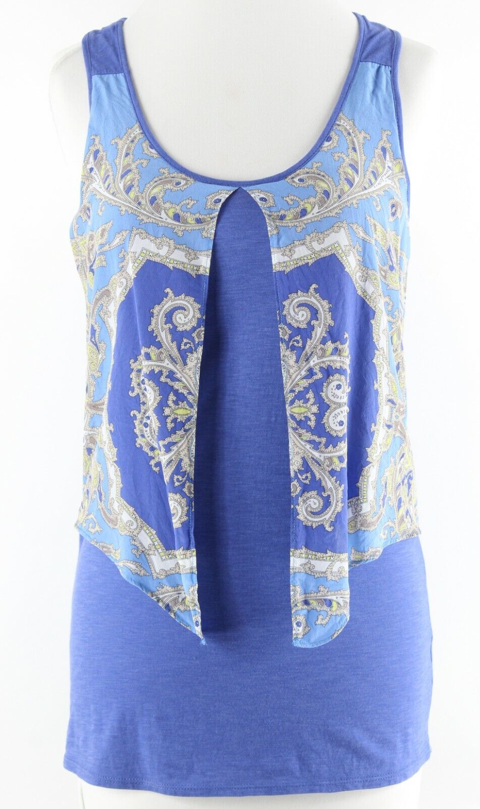 Leifnotes Sz S Blue Taupe Multi Flowing Silk Overlay Cotton Modal Top