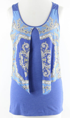 Leifnotes Sz S Blue Taupe Multi Flowing Silk Overlay Cotton Modal Top