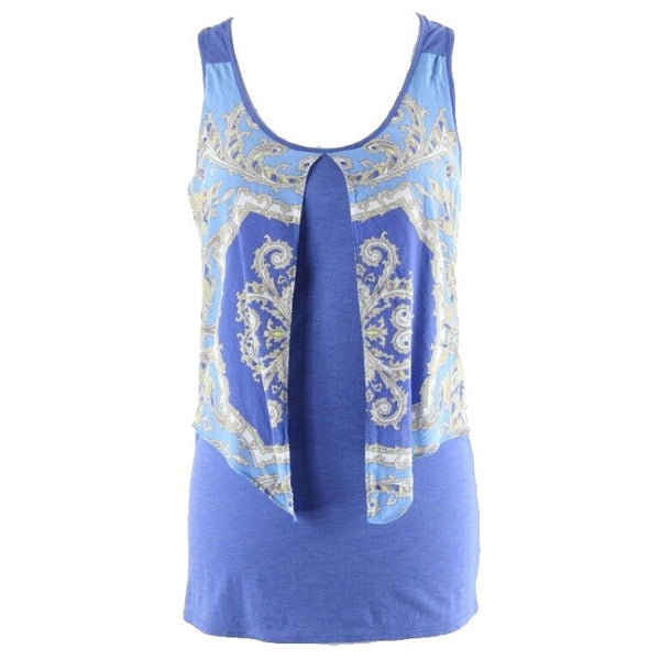 Leifnotes Sz S Blue Taupe Multi Flowing Silk Overlay Cotton Modal Top