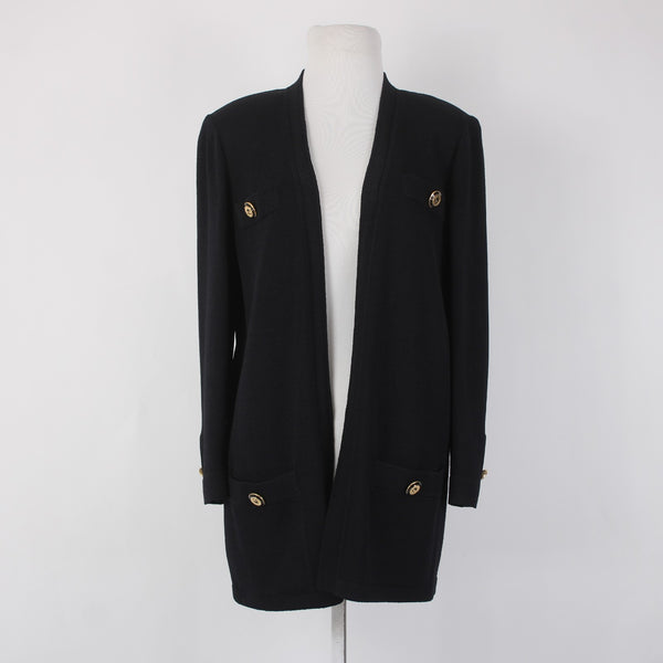 St John Basics Wrap Sz S Black Gold Logo Pockets Santana Knit Wrap Sweater